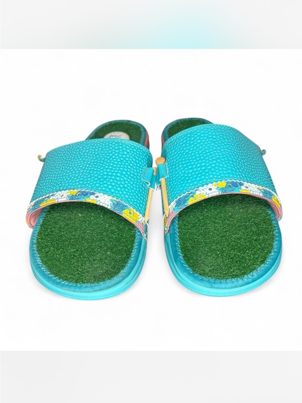 Reef Mulligan Golf Slide Sandals Size US 13 Blue with Floral Trim and Golf Ball - Picture 2 of 8